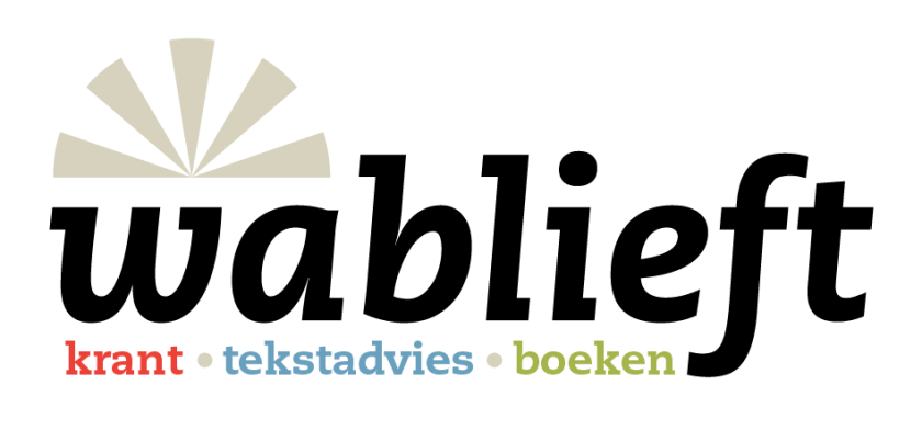 Logo met een abstract symbool dat lijkt op een open boek boven de tekst 'krant o tekstadvies o boeken' in zwarte letters op een witte achtergrond