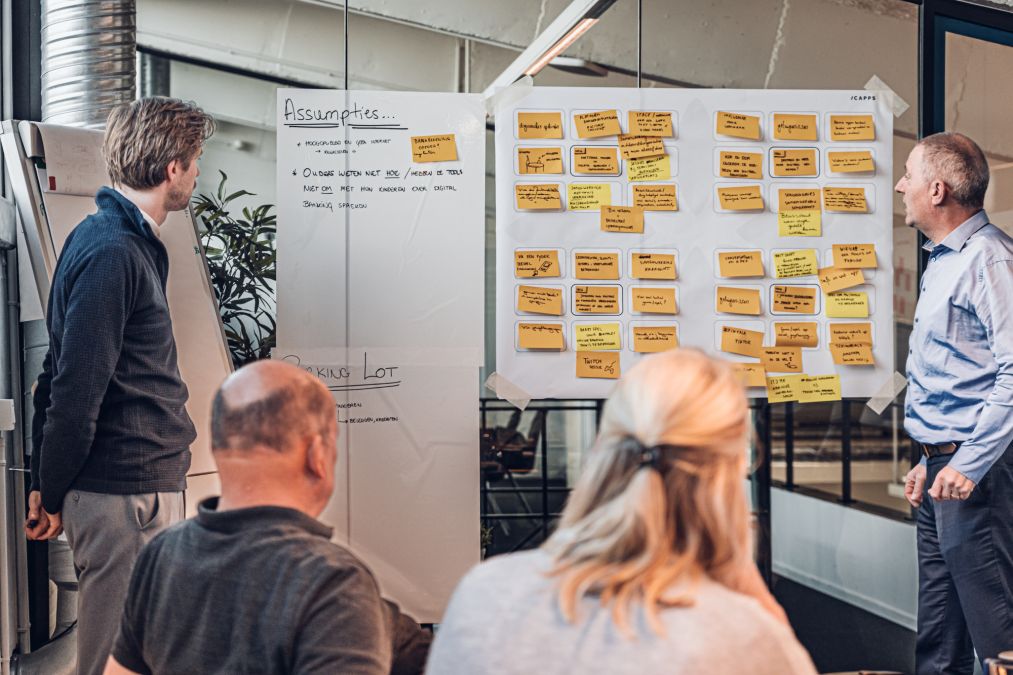 Twee staande mannen en een zittende vrouw tijdens een brainstormsessie voor een whiteboard vol met gele plakbriefjes en een handgeschreven lijst met aannames.