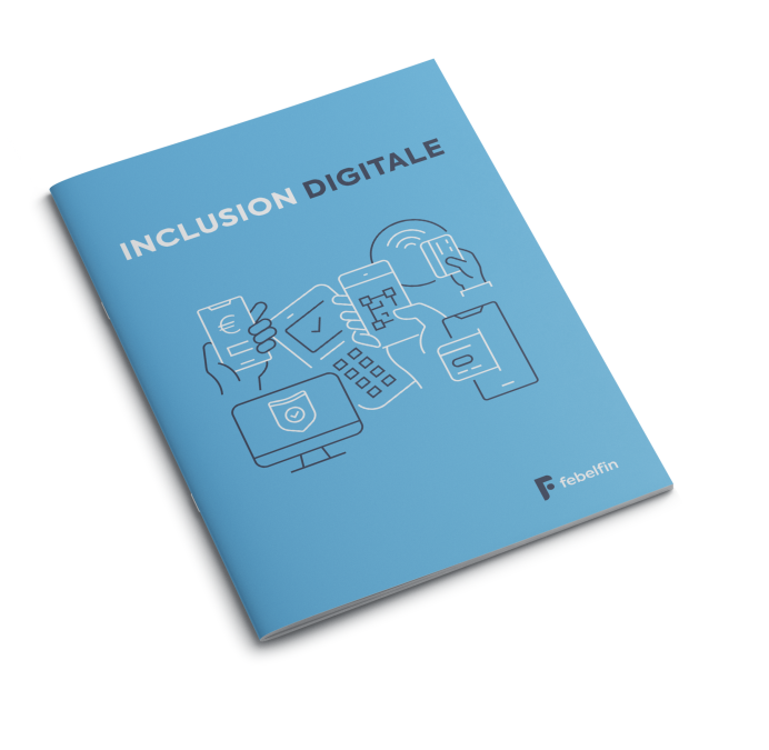 Couverture d'un livre intitulé 'INCLUSION DIGITALE' avec des illustrations linéaires de dispositifs numériques comme un smartphone, une montre intelligente, un ordinateur portable et des écouteurs, et le logo de febelfin en bas