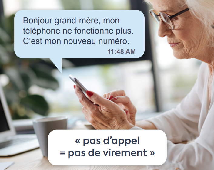 Une femme âgée élégante utilisant un smartphone avec un message texte affiché disant 'Bonjour grand-mère, mon téléphone ne fonctionne plus. C'est mon nouveau numéro. 11:48 AM' suivi d'un message en citation 'pas d'appel = pas de virement'